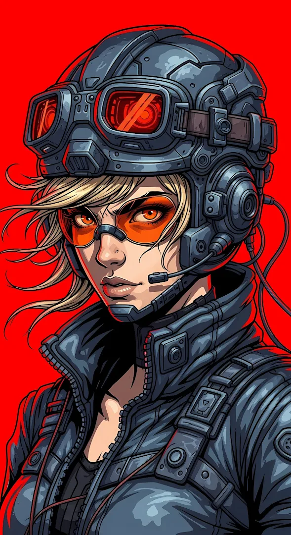 Cyberpunk Woman in Tactical Helmet on Red Background