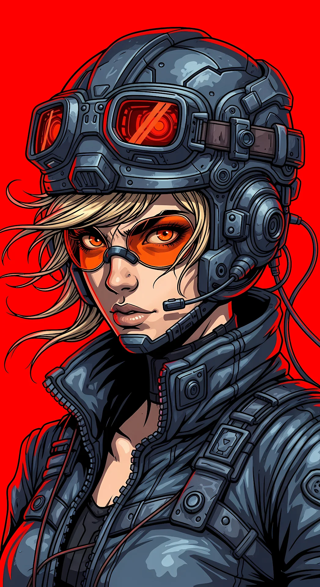 Cyberpunk Woman in Tactical Helmet on Red Background - Free 4K mobile Wallpaper