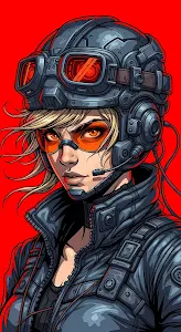 Cyberpunk Woman in Tactical Helmet on Red Background