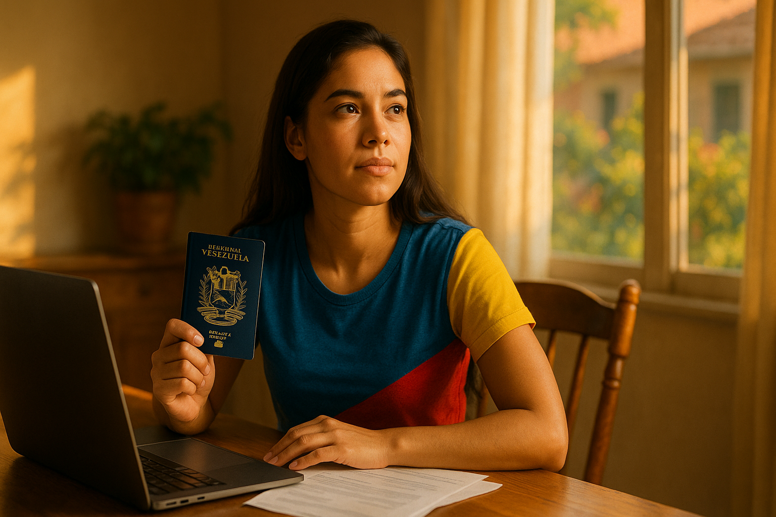 Venezolano revisando requisitos de apostillar documentos venezolanos con pasaporte y papeles