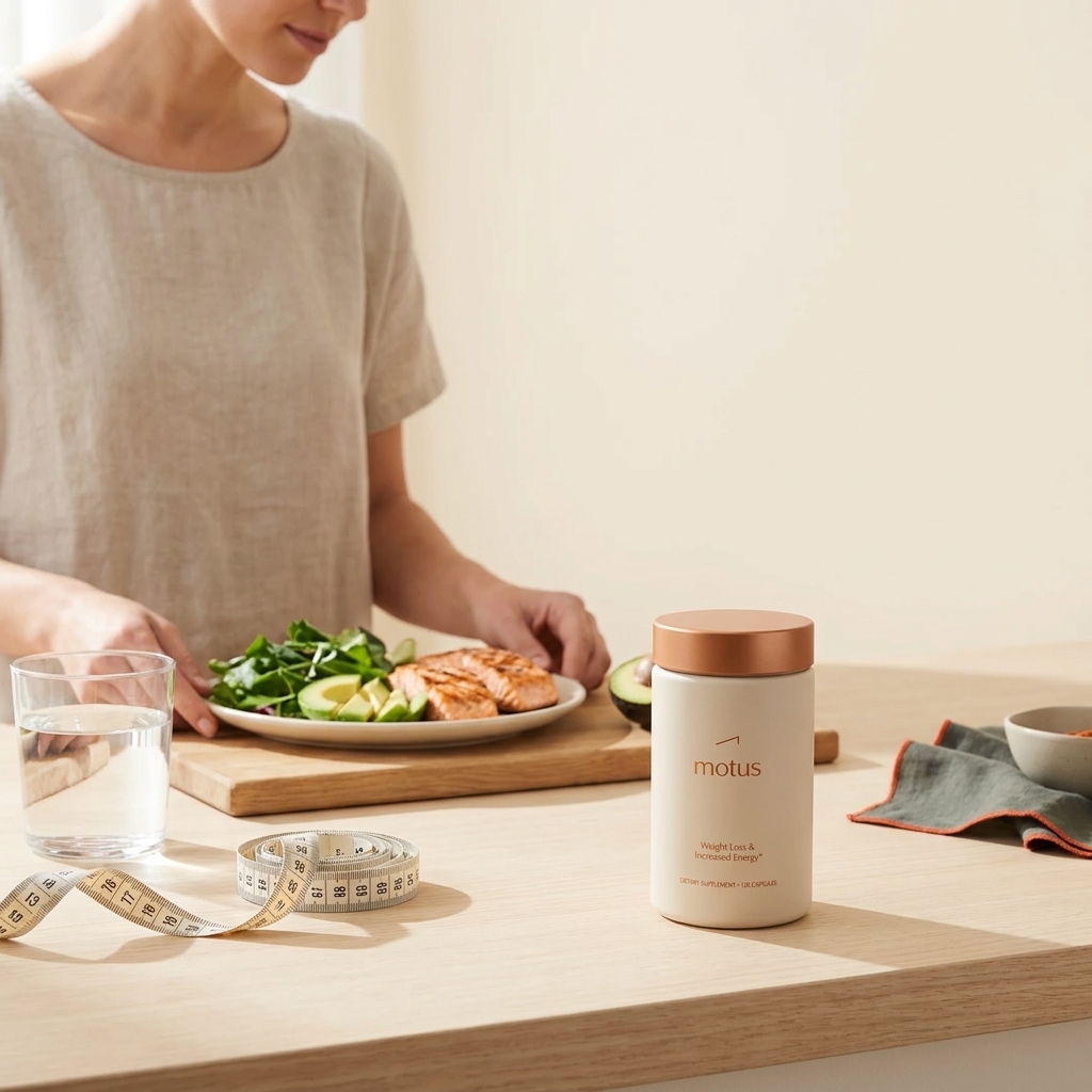 Tonum Motus supplement bottle on wooden countertop with glass of water and measuring tape, blurred woman preparing a healthy plate, illustrating belly fat after menopause.