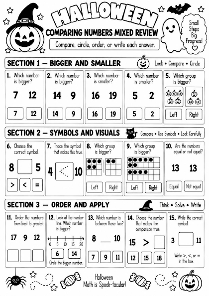 Halloween Comparing Numbers Mixed Review