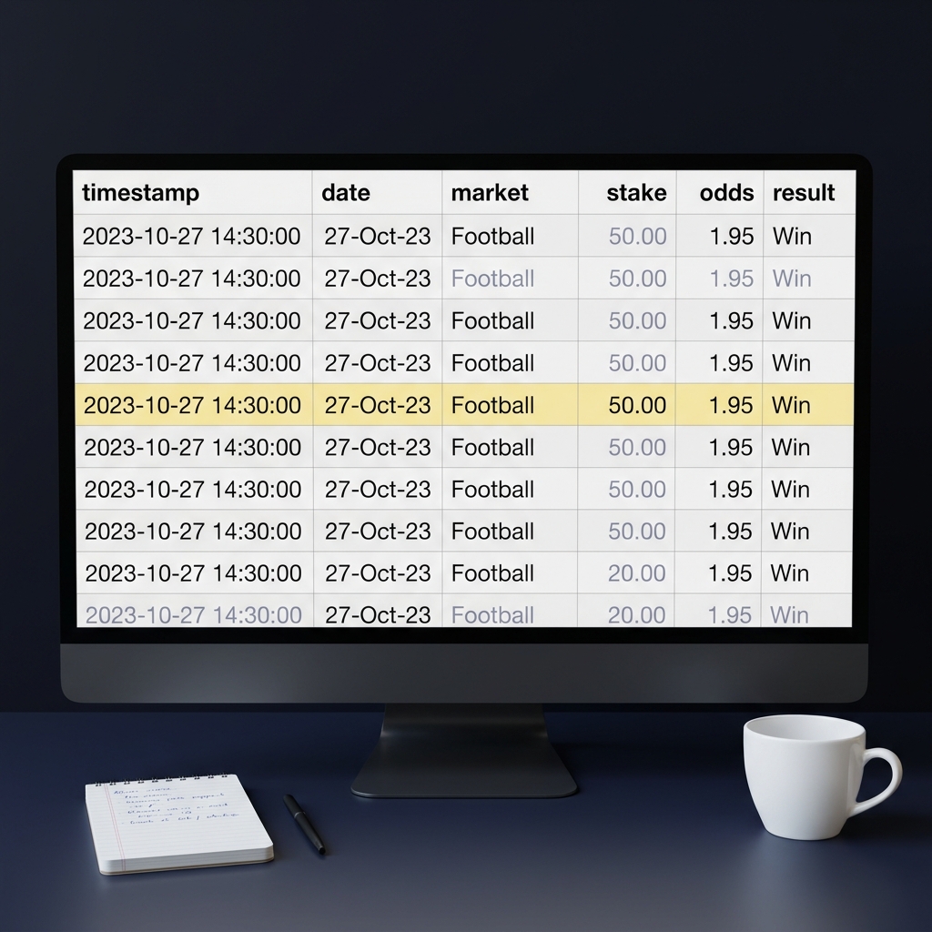Close up full frame of a timestamped CSV export on screen showing date market stake odds result columns framed by coffee cup and notes in Funded Plays brand style best parlay bets today reddit