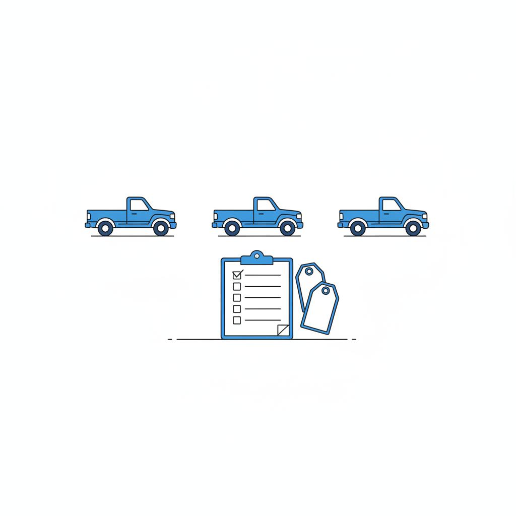 Minimal 2D vector of a blank checklist and blank price tags on a table with three simplified used truck silhouettes in background at gmc car dealer near me