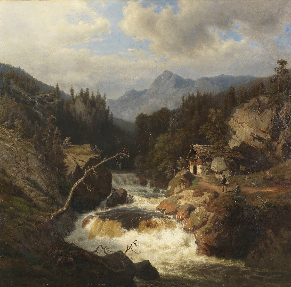 Gebirgslandschaft Mit JäGersmann Am Tosenden Fluss