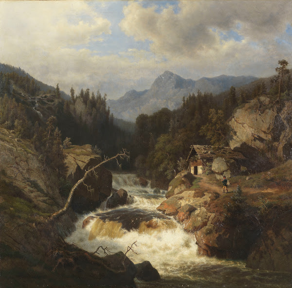 Gebirgslandschaft Mit JäGersmann Am Tosenden Fluss
