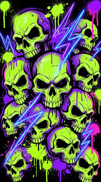 Vibrant Neon Lime Green and Purple Acid Graffiti Skulls Pile - Free mobile Wallpaper