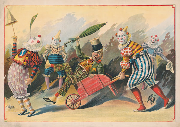 Five clowns with one in wheelbarrow 1890