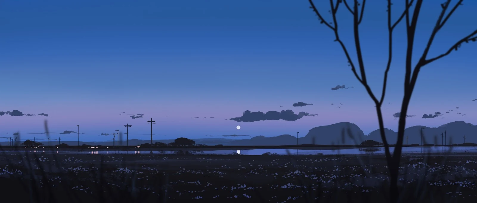 Moonlight Over Quiet Plain - Digital Illustration 4K Wallpaper (5640x2400)