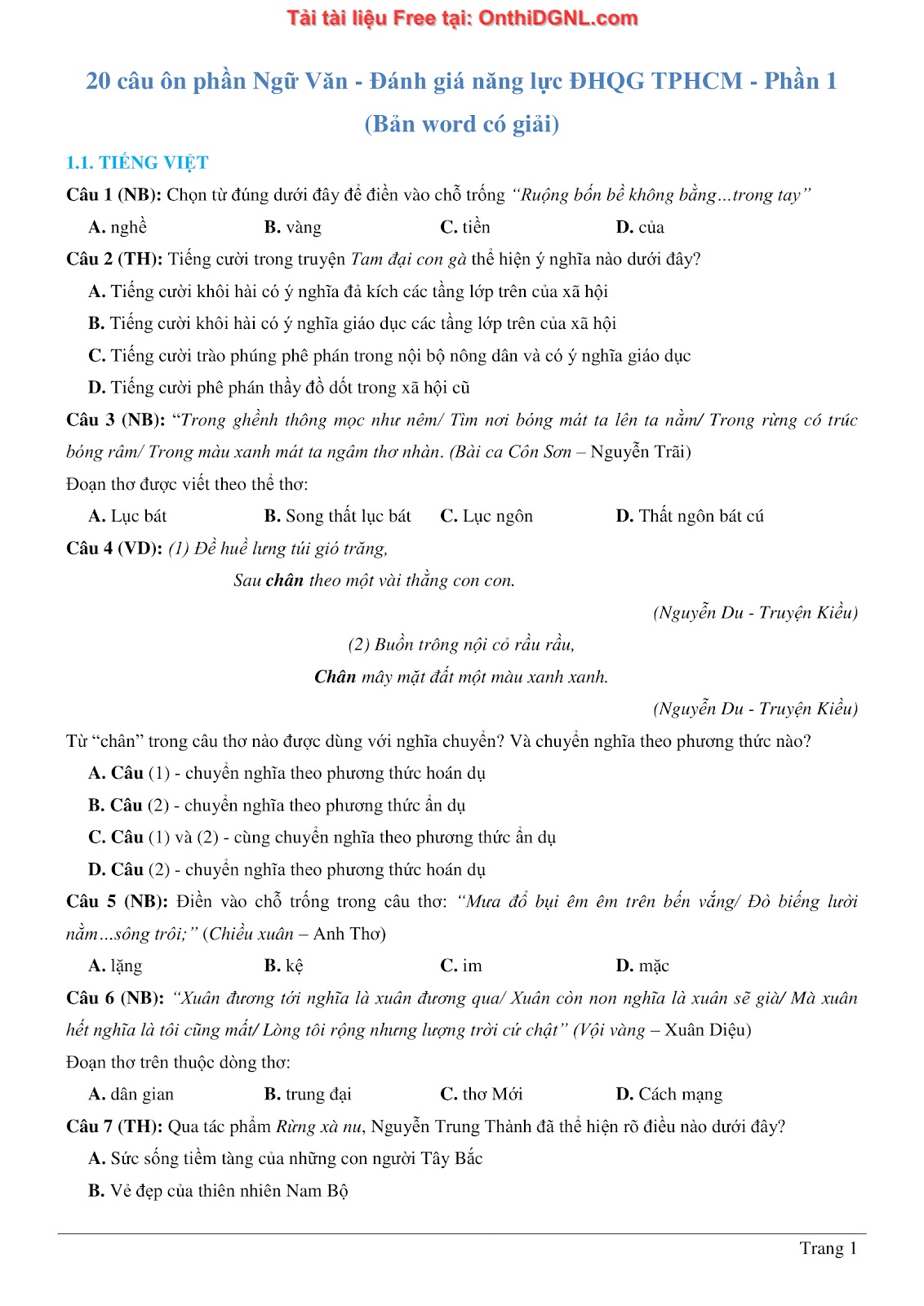 500 bài tập môn Ngữ Văn - Ôn thi ĐGNL ĐHQG TP HCM Phần 1