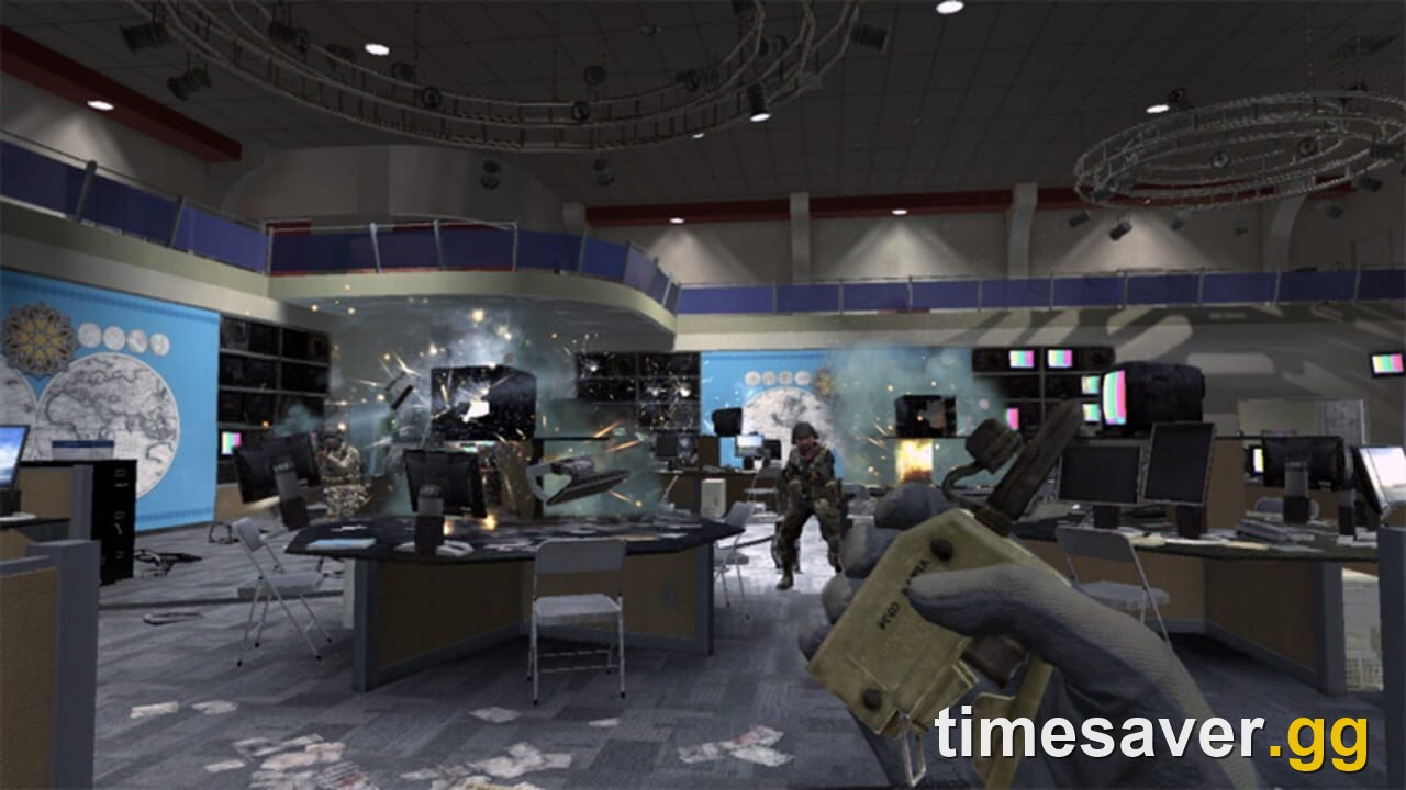 Modern Warfare 4 first-person campaign firefight in a wrecked operations room