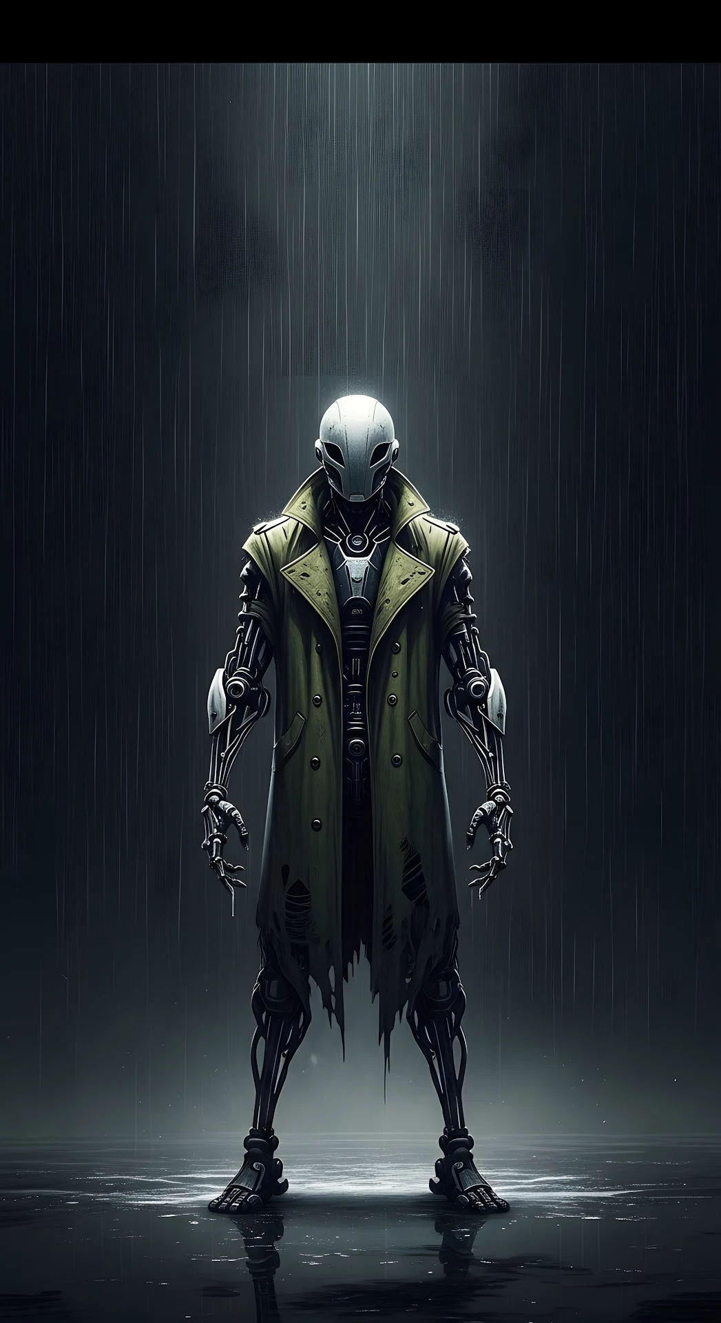 Dystopian Cyborg in Grungy Green Trench Coat Concept Art - Free 4K mobile Wallpaper