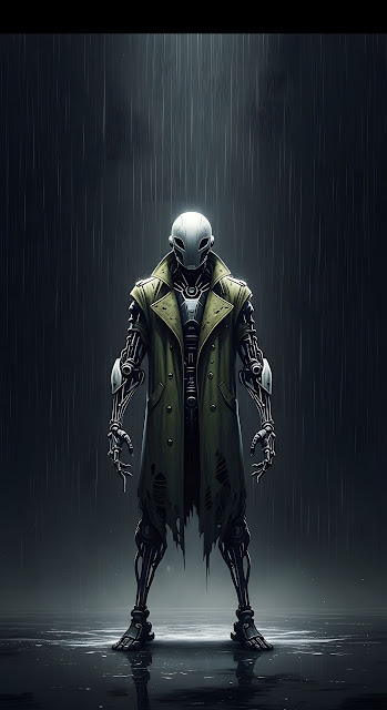 Dystopian Cyborg in Grungy Green Trench Coat Concept Art - Free mobile Wallpaper