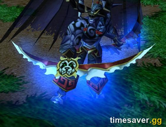 A character dual-wielding the Warglaives of Azzinoth — the glowing twin legendary blades that drop from Illidan in Black Temple