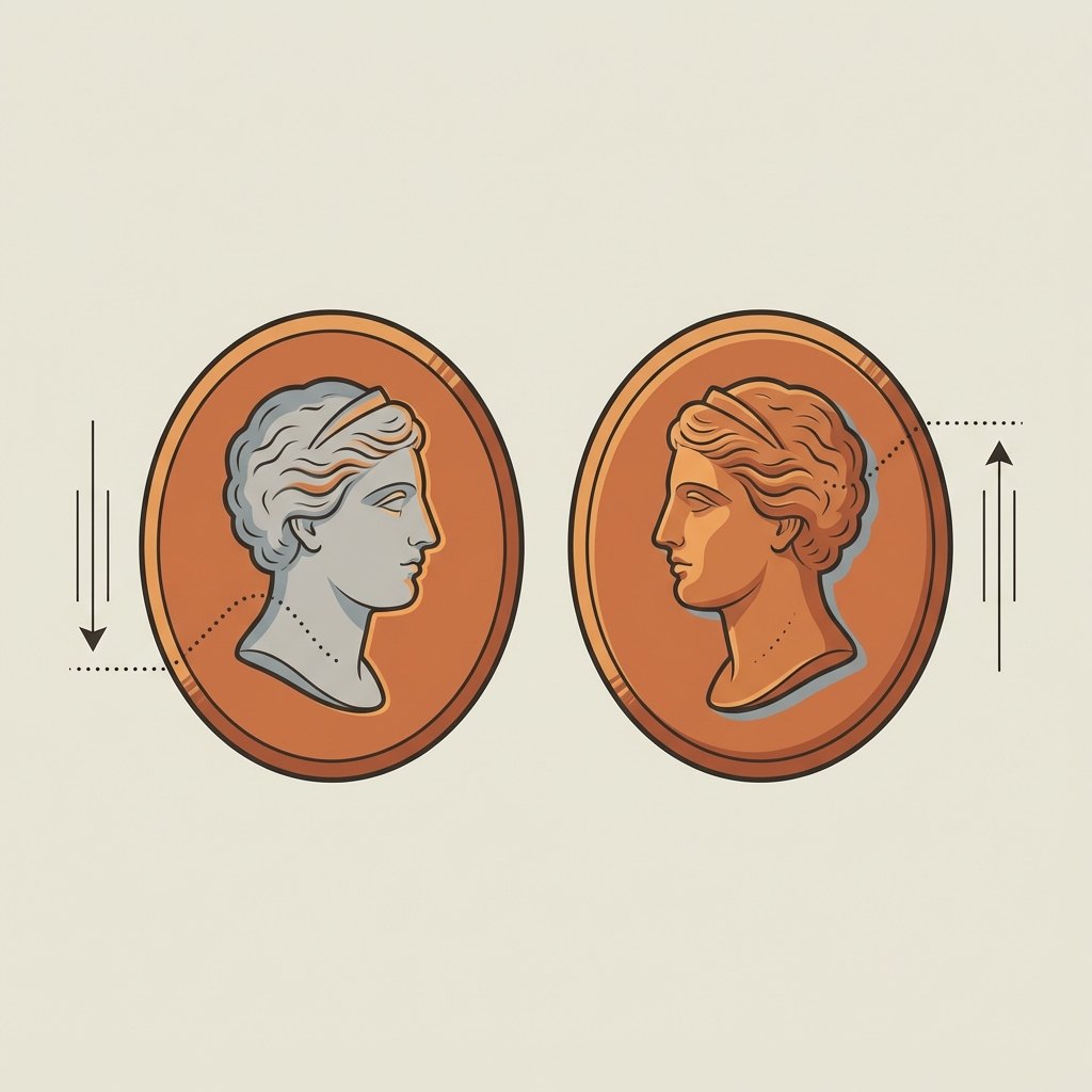 Comparative 2D vector profile of roman carnelian intaglio and matching cameo showing negative concave carving versus positive relief on neutral ede7da background