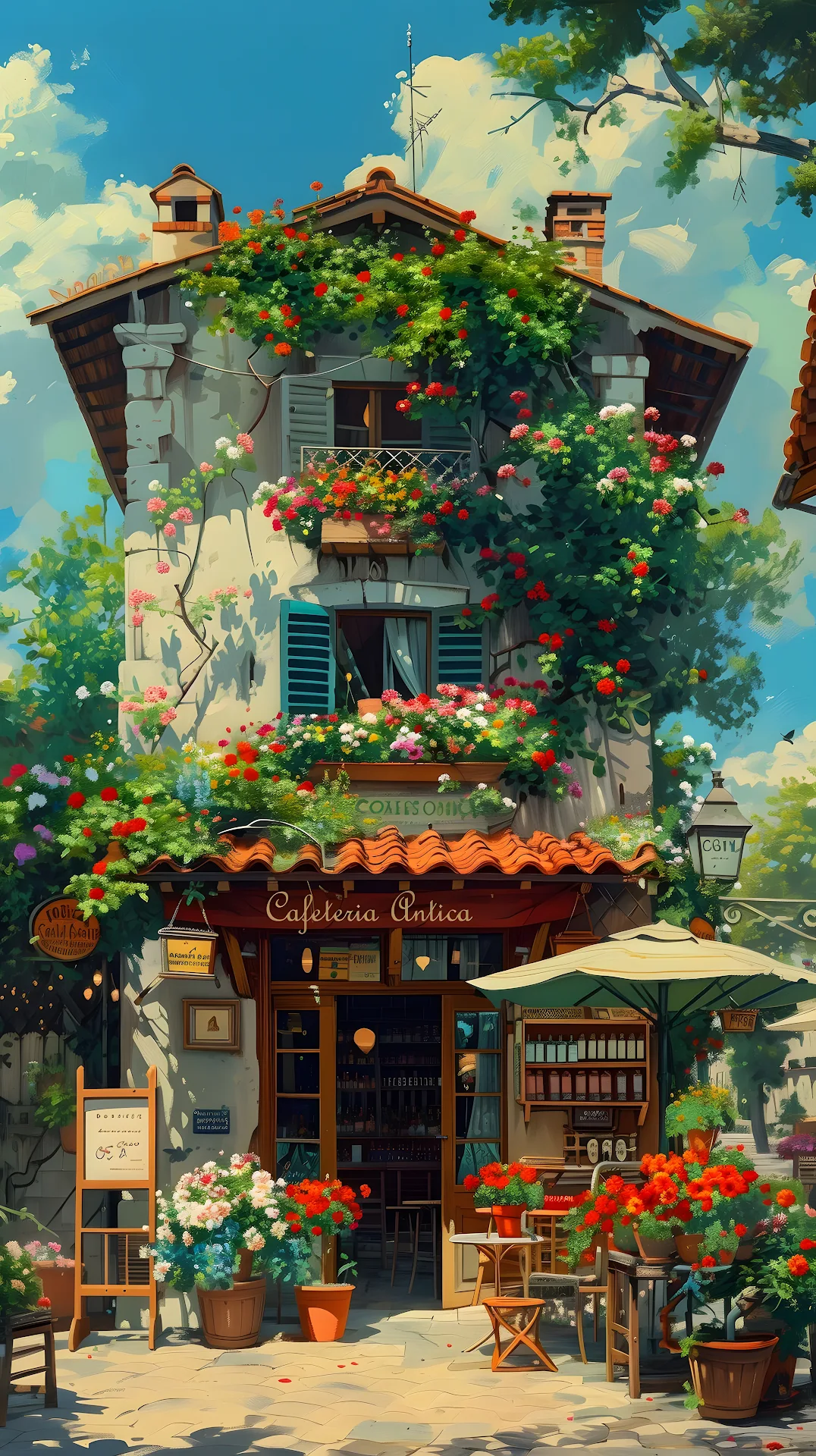 Italian Cafe Exterior Covered in Summer Flowers - Free 4K mobile Wallpaper