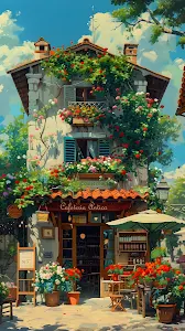 Italian Cafe Exterior Covered in Summer Flowers
