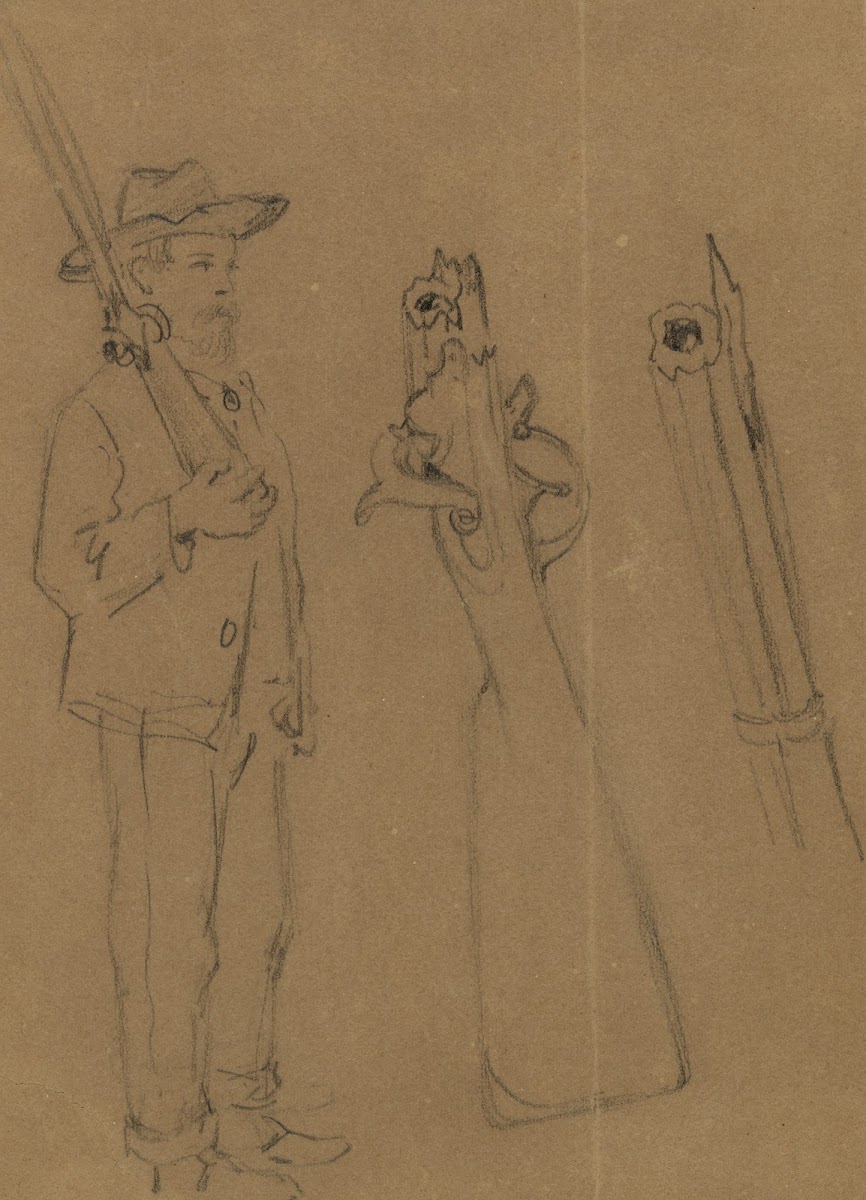 Full length portrait of soldier with rifle and details of the weapon 1860 1865