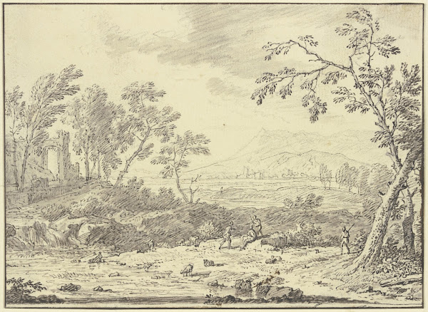 Landschaft mit Ruinen vorne ein Hirte bei Schafen