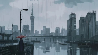 Ai Art, Illustration, City, Skyline, Rain 5K Wallpaper Background