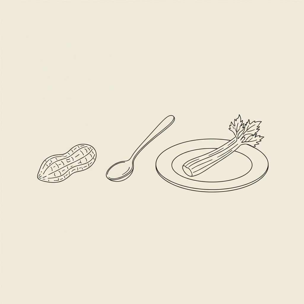 Minimalist line illustration of a peanut, small spoon, and plate with celery stick representing a peanut butter keto snack on a beige #F2E5D5 background