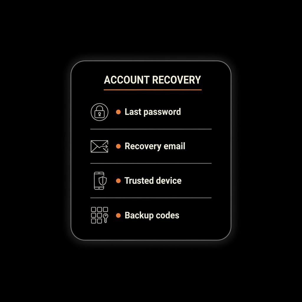 Minimal checklist infographic to recover my Google account showing last password, recovery email, trusted device and backup codes on black background with light text and orange accents.