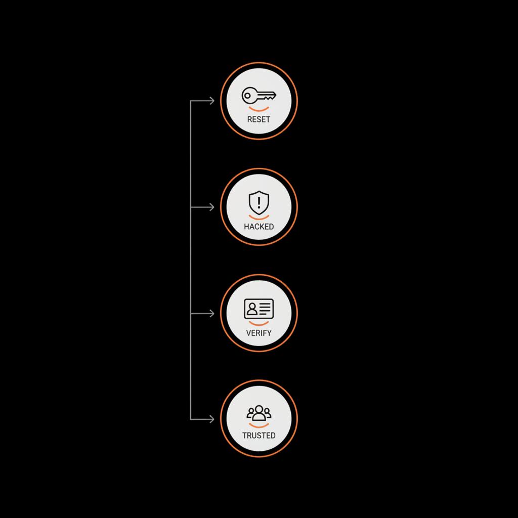 Minimal full-frame infographic flowchart to recover Facebook account: four vector icons for reset password, hacked flow, ID verification, trusted contacts on black background with gray icons and orange accents.