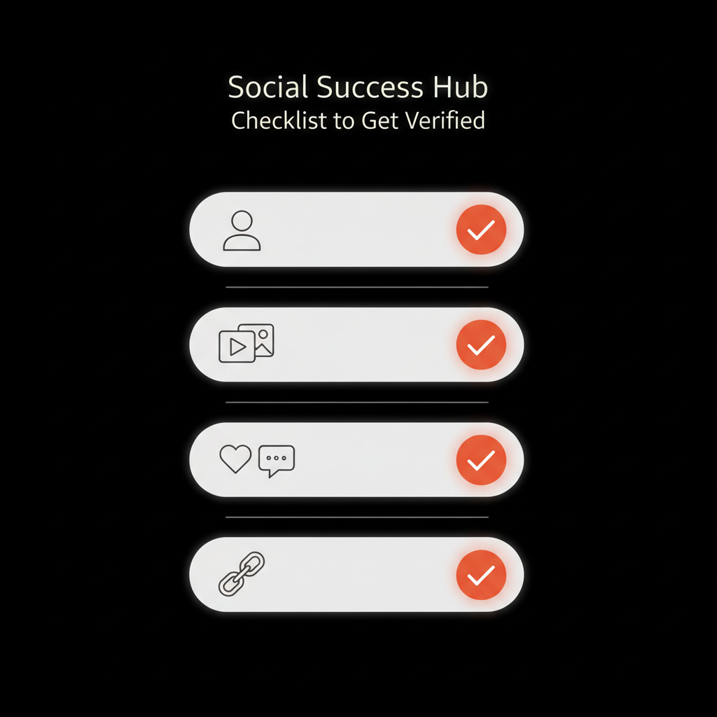 Full-frame dark minimalist infographic with four vector checklist icons (profile, media, engagement, link) and red check badges, visual concept for blue tick on Instagram.