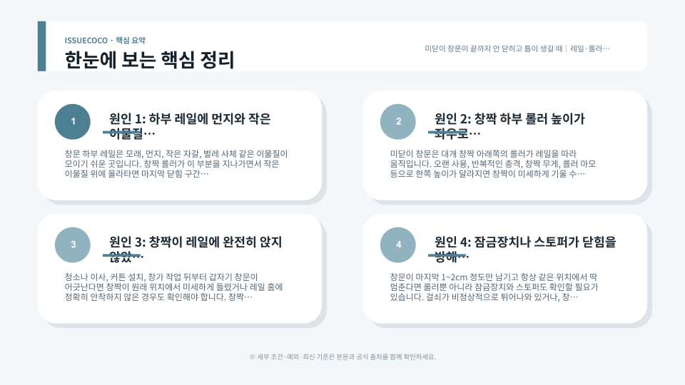 미닫이 창문의 레일과 하부 롤러, 창짝 수평을 순서대로 점검하는 핵심 요약