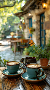 Latte Art Coffee Cups on Rustic Table in Garden Cafe