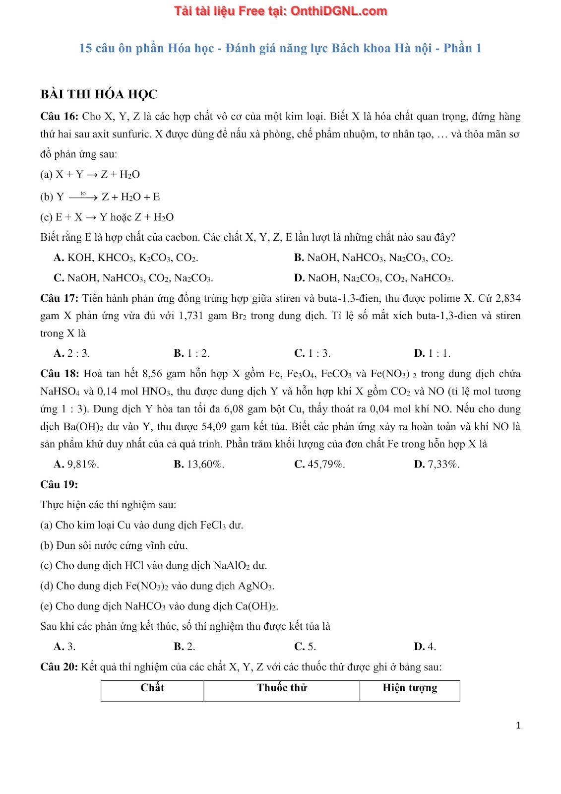 135 bài tập môn Hóa học - Ôn thi ĐGNL Bách khoa Hà nội