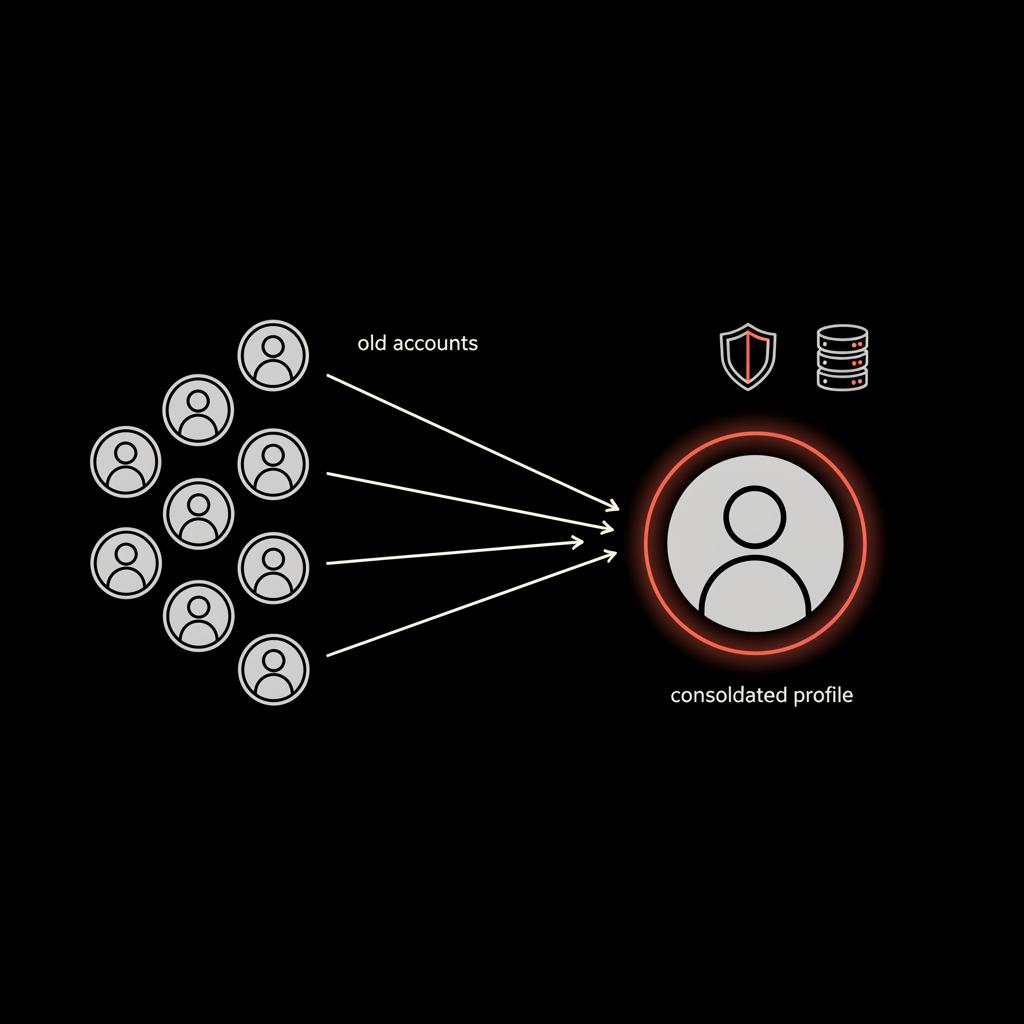 Minimal 2D vector infographic showing old accounts converging via clean arrows into a single consolidated profile node, black background, Social Success Hub brand colors.