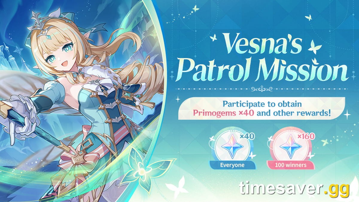 Official Genshin Impact Vesna's Patrol Mission event banner promising Primogems x40 for everyone and x160 for 100 winners