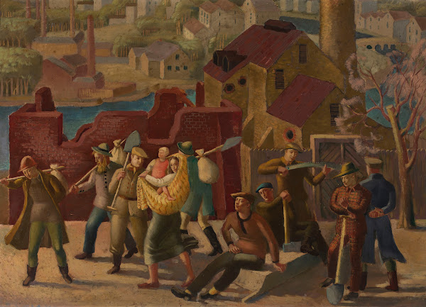 Urban landscape with workers against the background of a building 1940