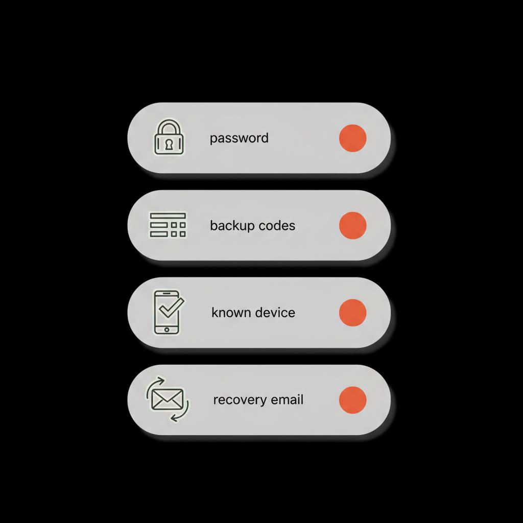 Minimal 2D vector checklist infographic with icons for password, backup codes, known device, and recovery email on black background — recover gmail password