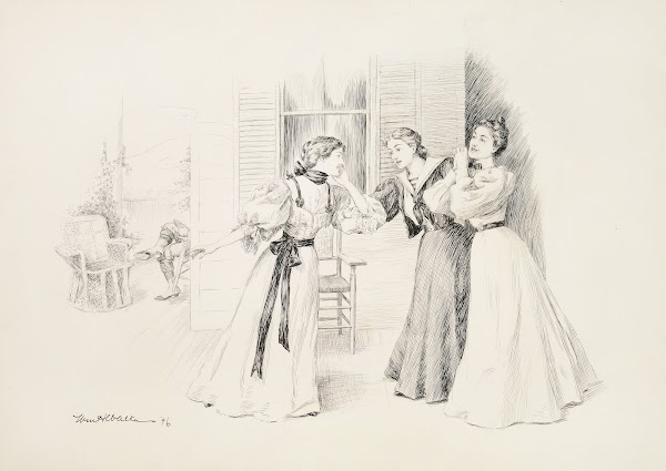 Three women laughing together with a fourth reading around the corner 1896