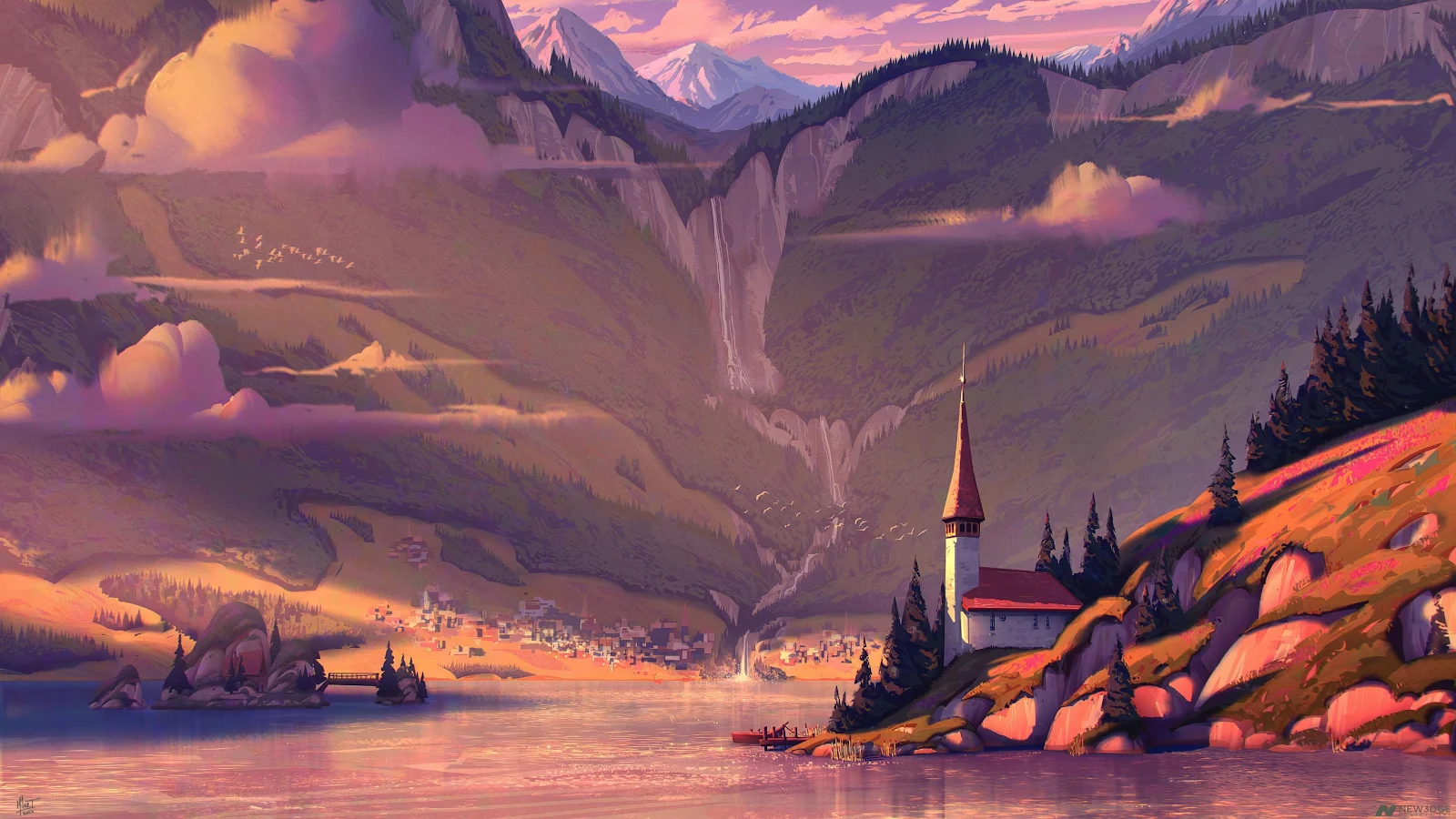 Scenic Mountain Lake Church - Digital Landscape Art 4K Wallpaper (3840x2160)