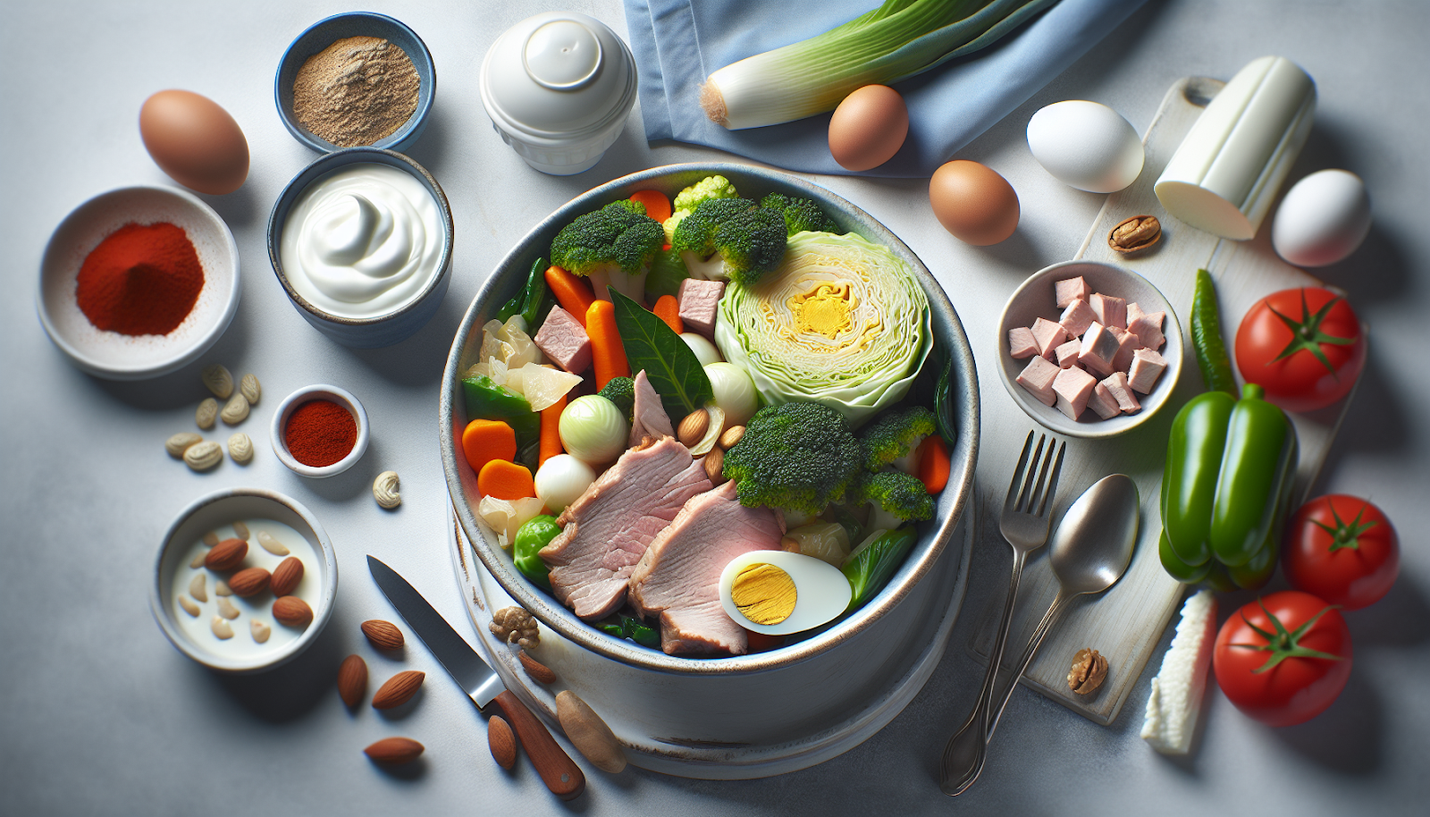 Healthy late-night eating options including cabbage stew, vegetables, and protein-rich foods arranged on a dinner table for weight-friendly evening meals