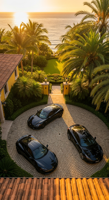High-Angle Photo of Luxury Mediterranean Villa Driveway with Dark Sports Cars at Sunset - Free mobile Wallpaper