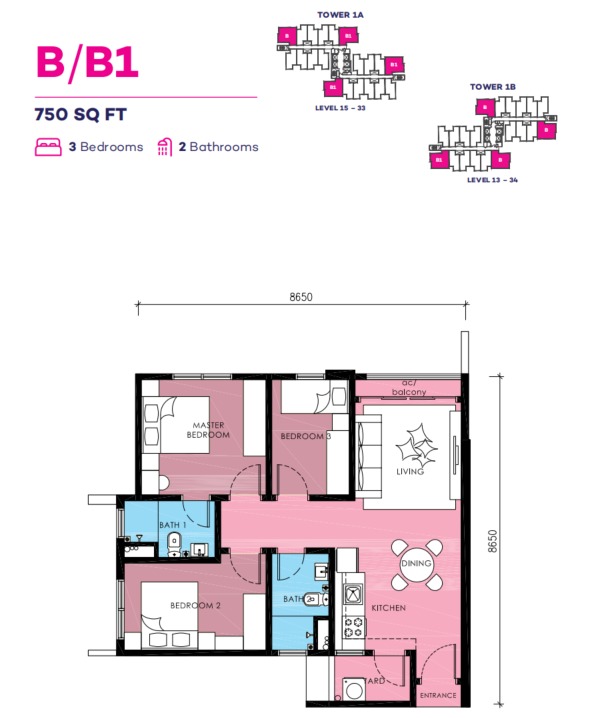 Loop City @ Puchong Type B floor plan — 750 sq ft, 2 bedrooms