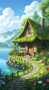 Cozy Cottage by a Lake with Flower Covered Roof