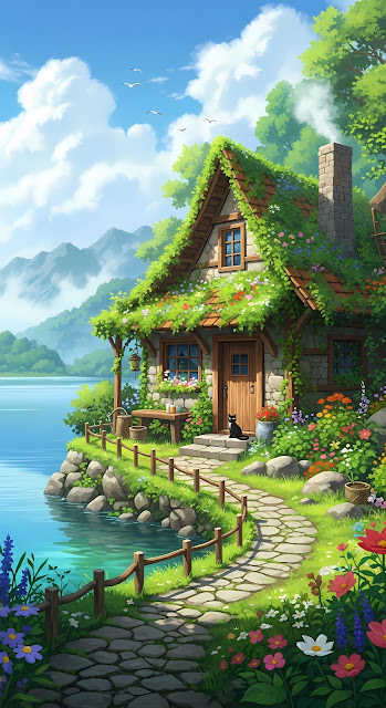 Cozy Cottage by a Lake with Flower Covered Roof - Free mobile Wallpaper