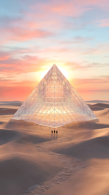 Surreal Minimalist Desert with Colossal Transparent Pyramid - Free mobile Wallpaper