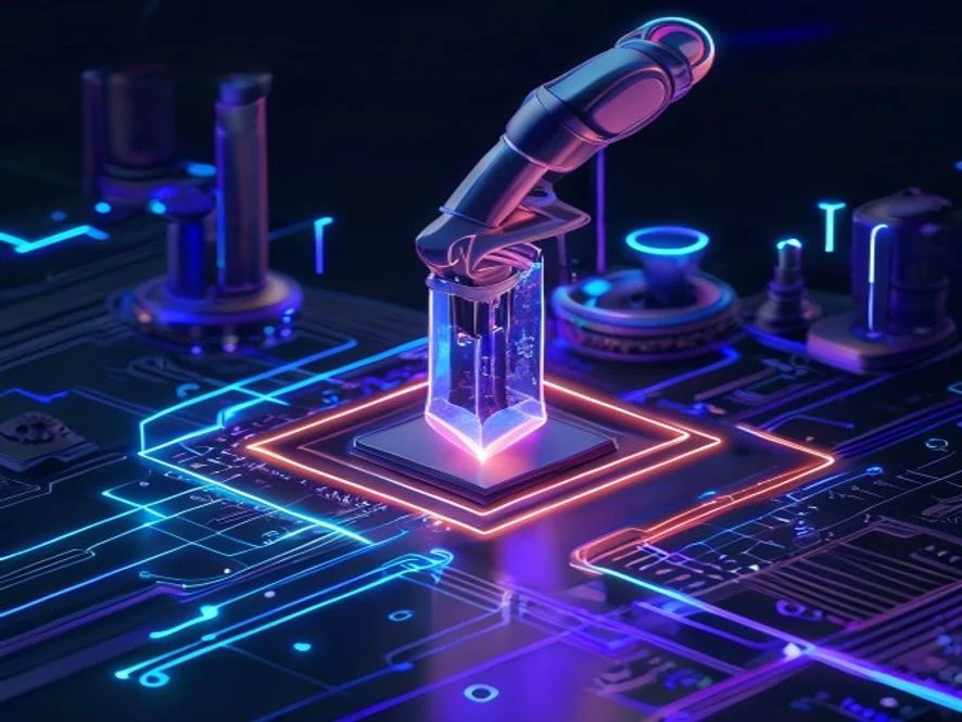 디자인 패턴인 싱글톤과 팩토리 패턴을 시각화한 현대적인 3D 일러스트로, 네온 블루와 퍼플 톤의 회로선이 흐르는 어두운 배경 속에서 하나의 고유한 객체를 정교하게 생성하는 미래지향적인 공장의 모습