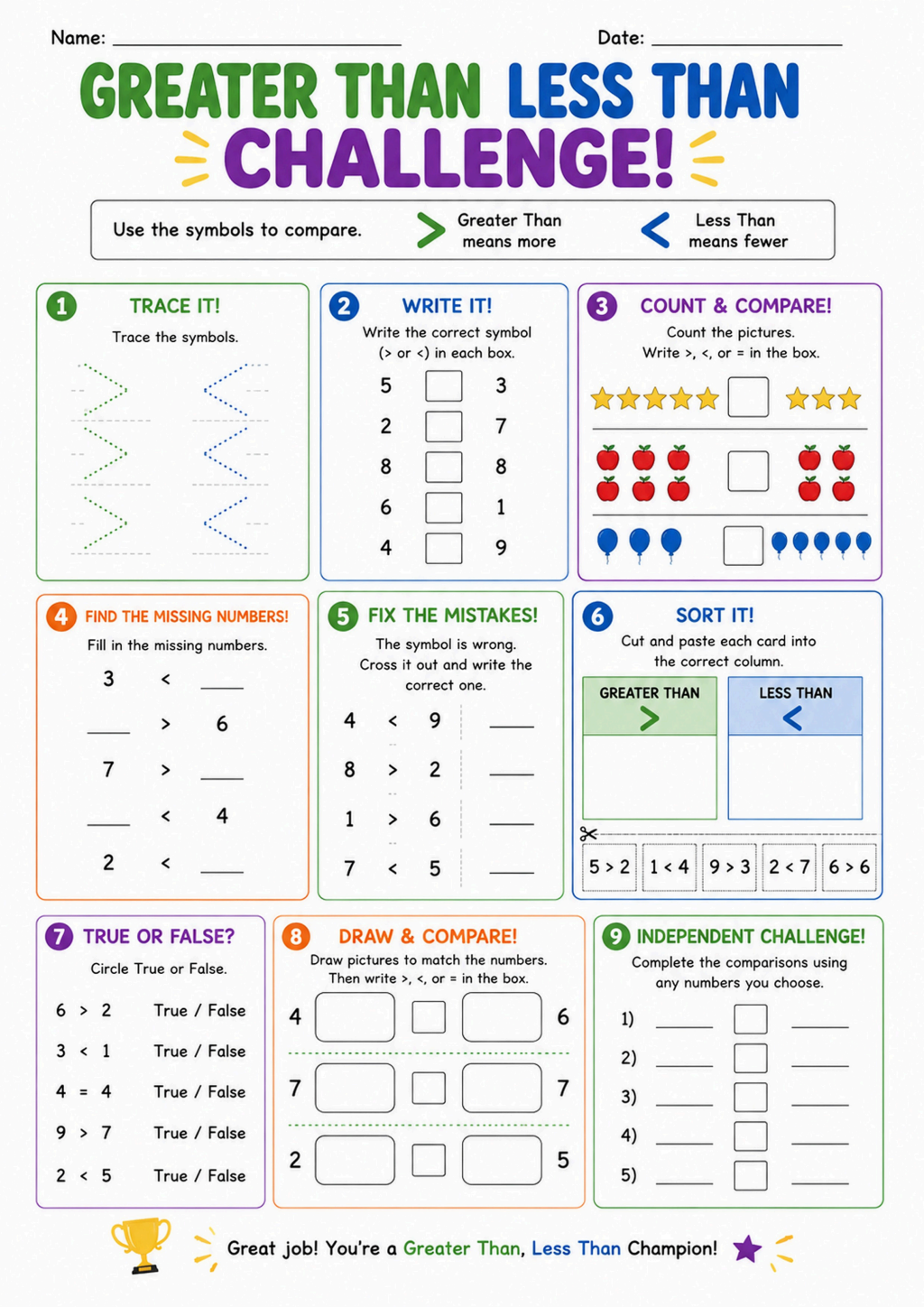 Greater Than Less Than Challenge Worksheet