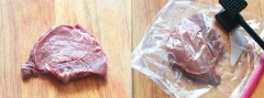 Thịt gà rửa sạch, thấm khô, cắt miếng dày khoảng 1cm. Cho thịt vào 1 cái túi zip, đập dẹp thịt gà. Ướp thịt gà với một chút hạt nêm rồi để sang 1 bên. Cho sữa tươi vào chèn rồi cũng để riêng.