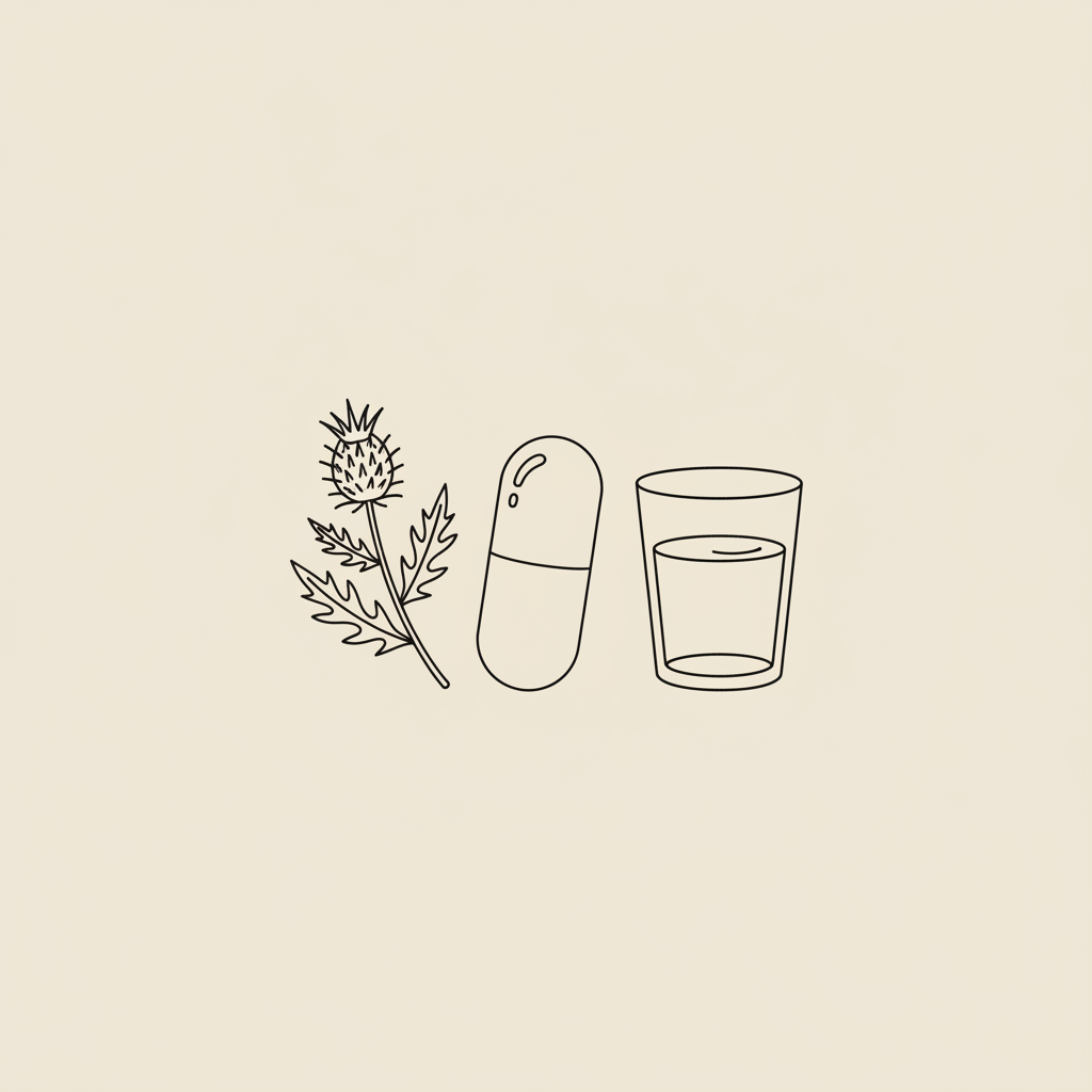 Minimalist Tonum-style line illustration of a capsule, milk thistle sprig, and glass of water on beige background signaling fat burning powders and supplements.