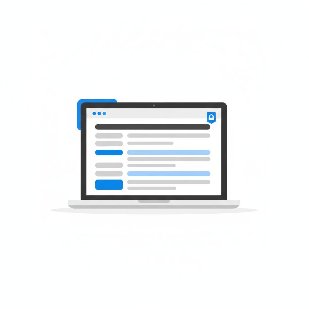 Minimalist 2D vector of a laptop on a white desk showing a simplified vehicle listing with a blue badge suggesting a free CARFAX report no text or logos