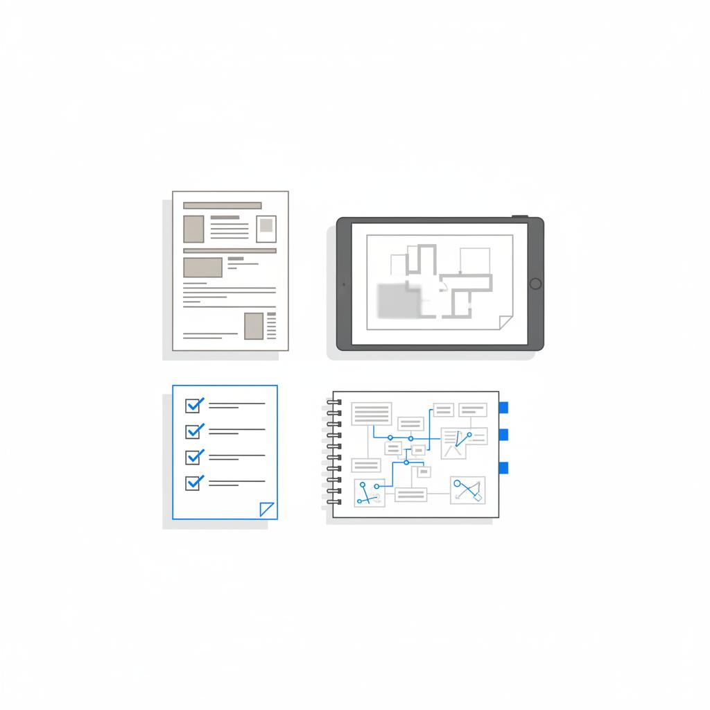 Minimalist flat-lay vector of bid-ready materials&mdash;prequalification packet, obscured plan on a tablet, and a checklist with blue checkmarks &mdash; how to advertise to general contractors