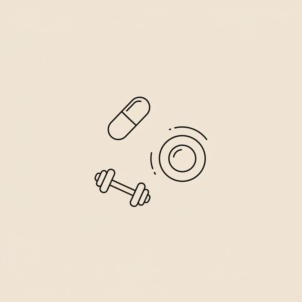 Minimalist Tonum-style line illustration of a capsule, small-portion plate, and dumbbell on a beige background illustrating best time to take AMPK.